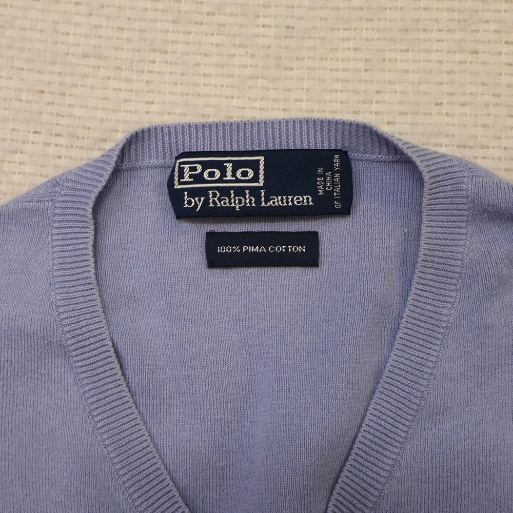 Polo Ralph Lauren Mens L V-Neck Sweater Periwinkle Blue Pima Cotton Italian Yarn